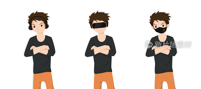 Men covering ears with headphones, eyes with VR device and mouth with protection mask as looking like the three wise monkeys. Don't hear, don't see and don't speak concept. Vector illustration